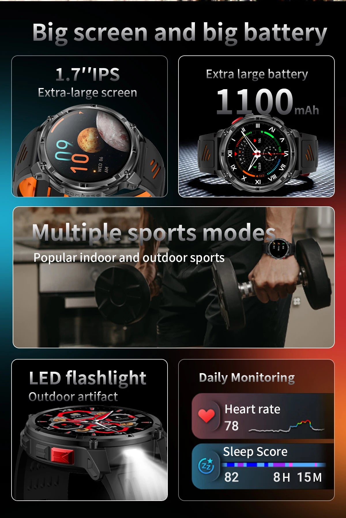 LIGE New Outdoor Sport Tracker Smart Watch Men 1100mAh Large Battery Long Standby Time Bluetooth Call IP68 Waterproof Smartwatch
