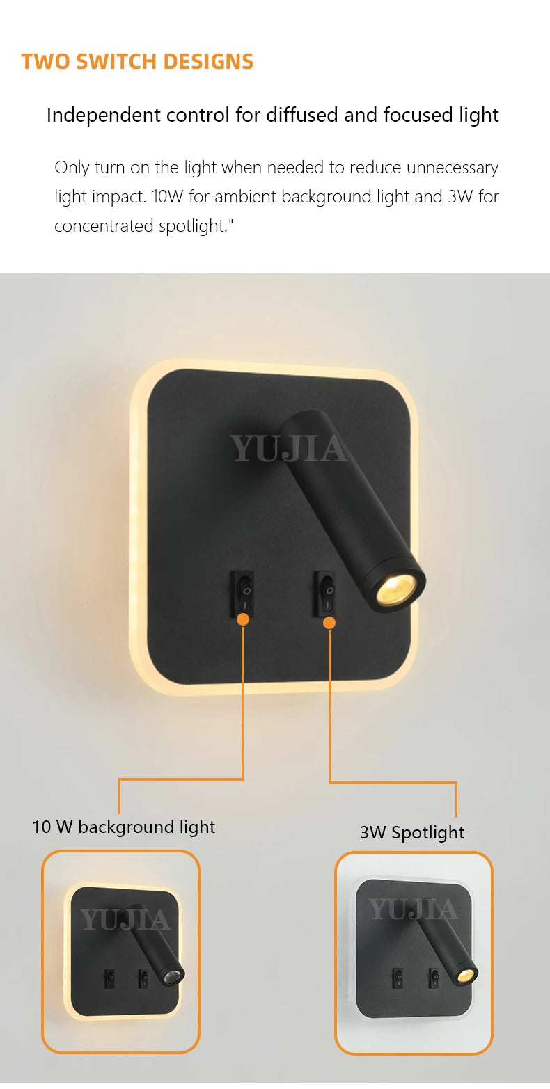 Contemporary Multifunctional LED Wall Sconce with Switch Modern Adjustable Reading Lamp USB Charging Ports for Bedrooms Offices