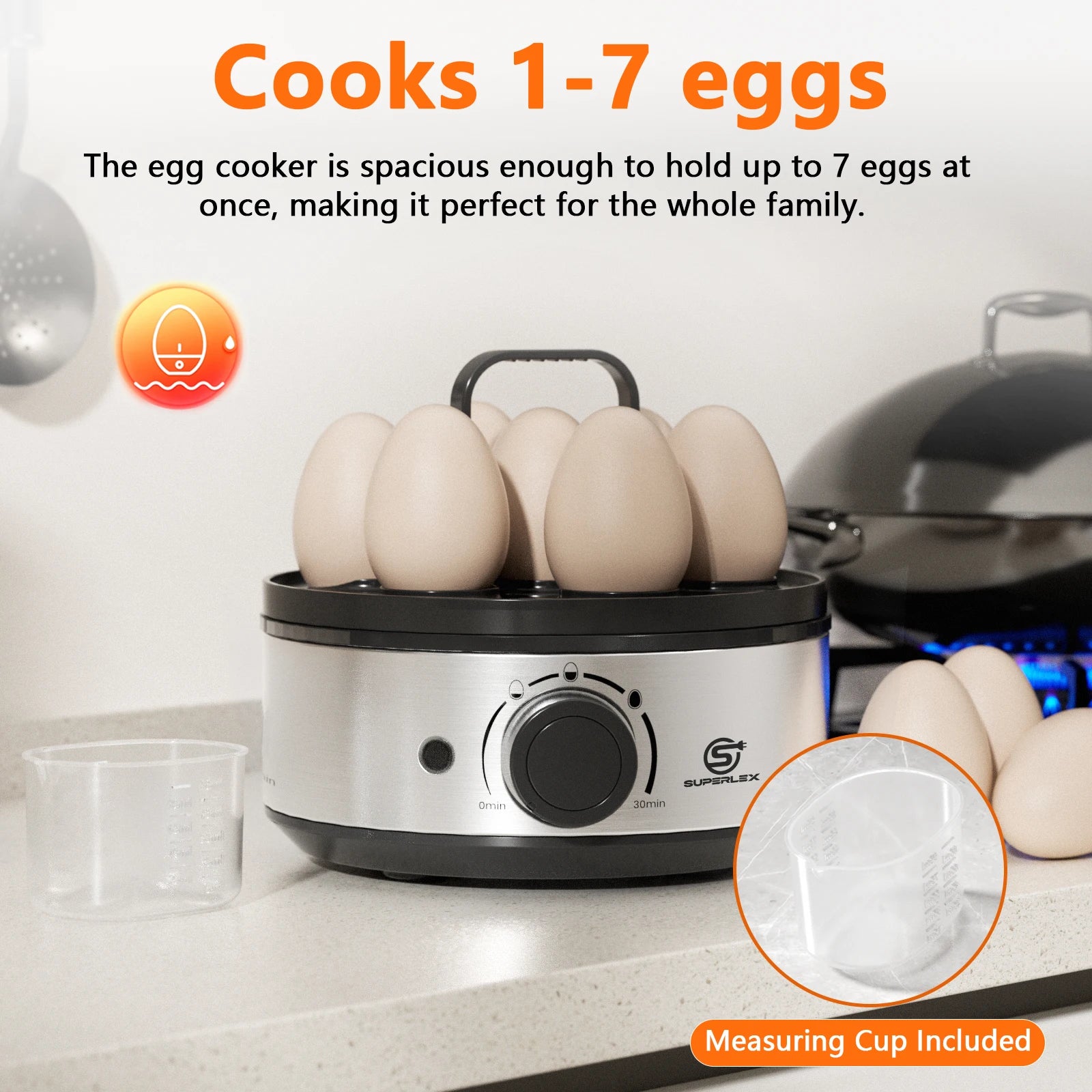 SUPERLEX 400W Power Eggs Cooker 7-Egg Capacity Dial Control Smart Shut-Off Reminder Rapid Egg Boiler Easy to Clean and Safer New