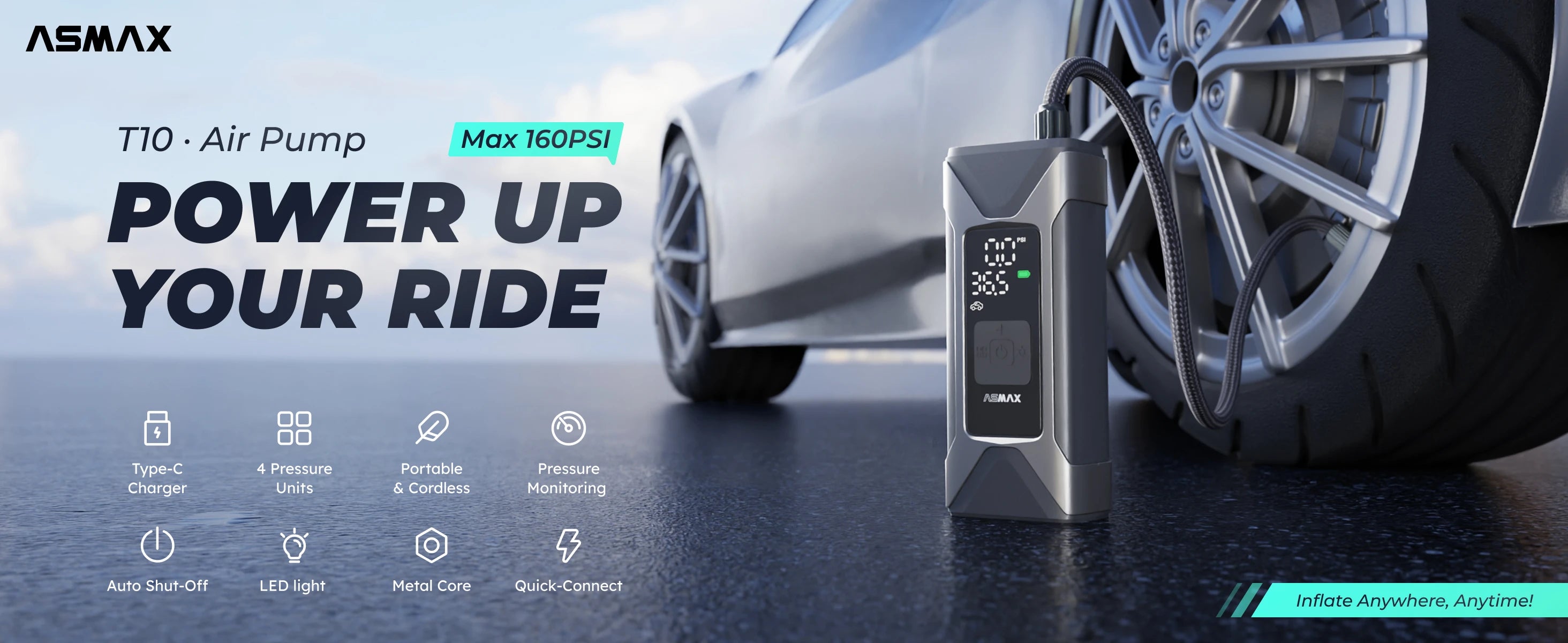 ASMAX 160PSI Portable Inflator Pump Motorcycle Air Pump 7500mAh Tyre Electric Inflator Pump for Car Bicycle Balls Air Compressor
