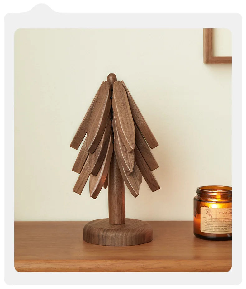 Wooden Tree Trivet & Star Coaster Set, Foldable Heat Resistant Pot Holders, Walnut Wood Table Trivet for Hot Dishes, Pots, Cups