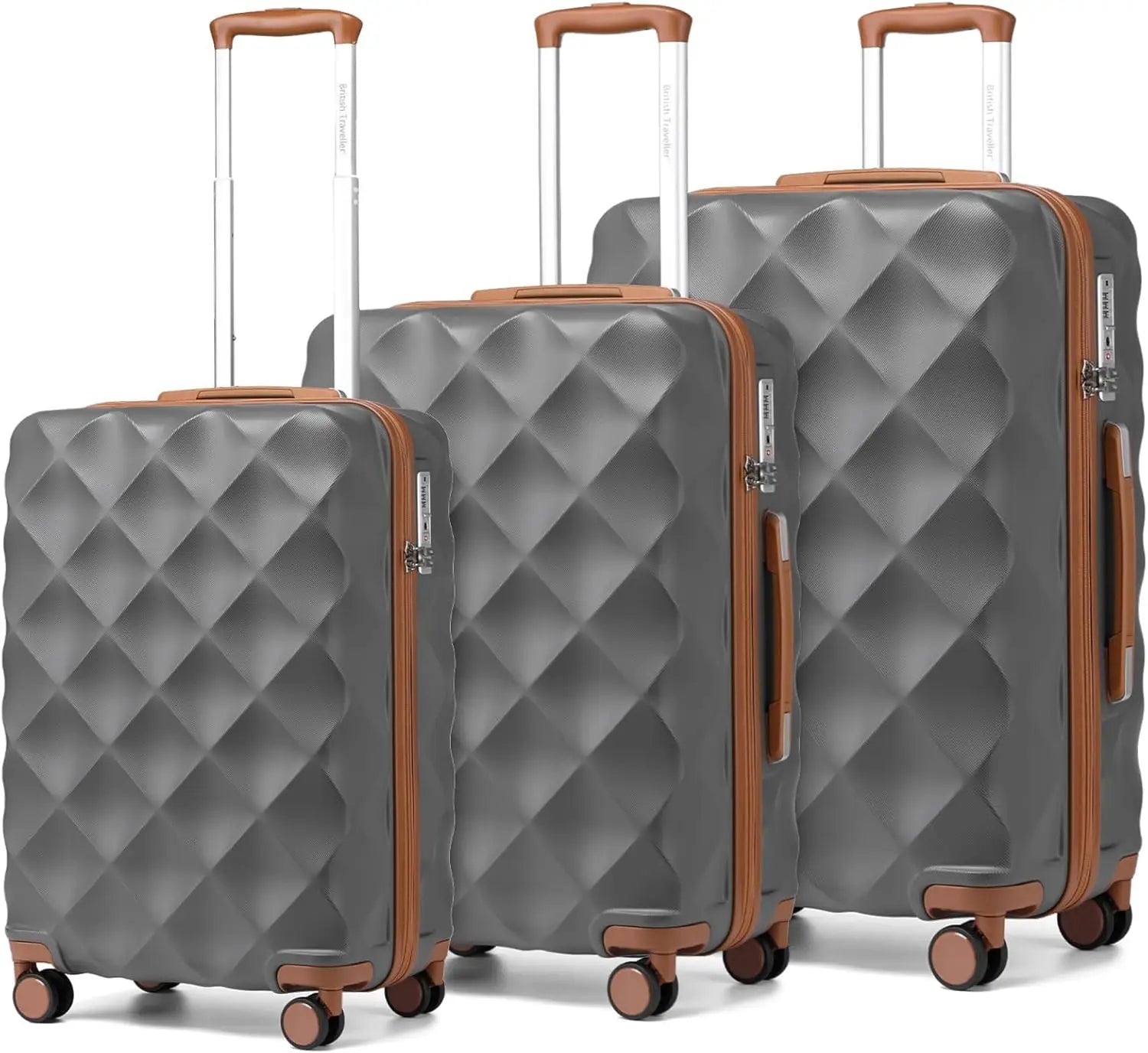 British Traveller 20+24+28 Inch 3-Piece ABS+PC Hard Shell Luggage Set, TSA Lock Travel Suitcase with Silent 360° Spinner Wheels & Adjustable Aluminum Handle