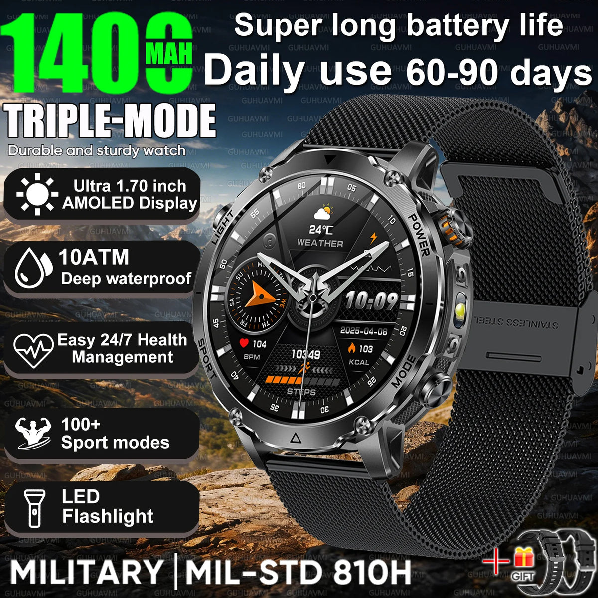 2026New 1.7 inches TANK SmartWatch Military Grade Durability 1400mah Battery HD Call 10ATM Waterproof Flashlight Sport Watch Men