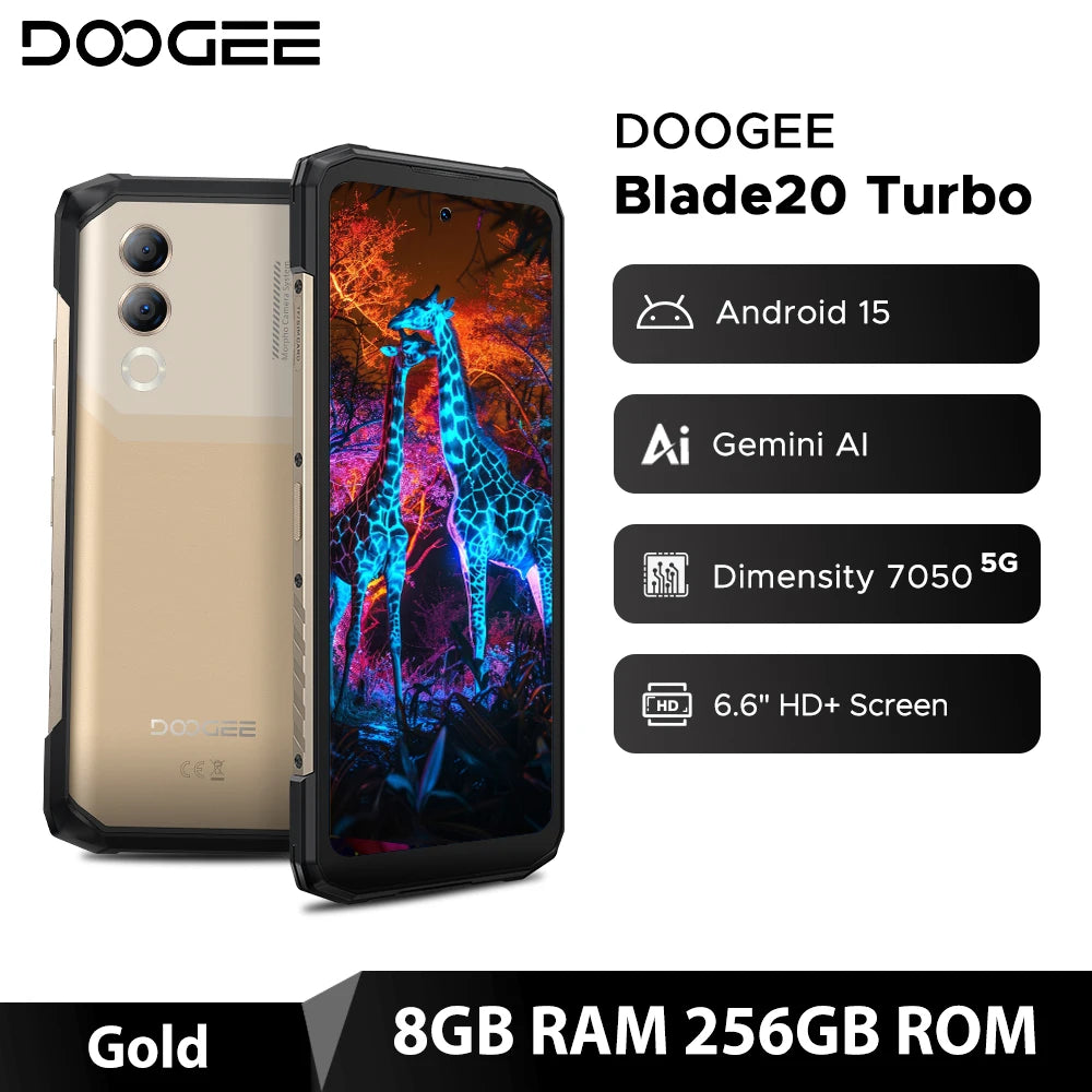 DOOGEE Blade20 Turbo 5G Rugged Phone 6.6" Gemini Al Dimensity 7050 10300mAh 8GB 256GB 50MP Camera Android 15 NFC Mobile Phone