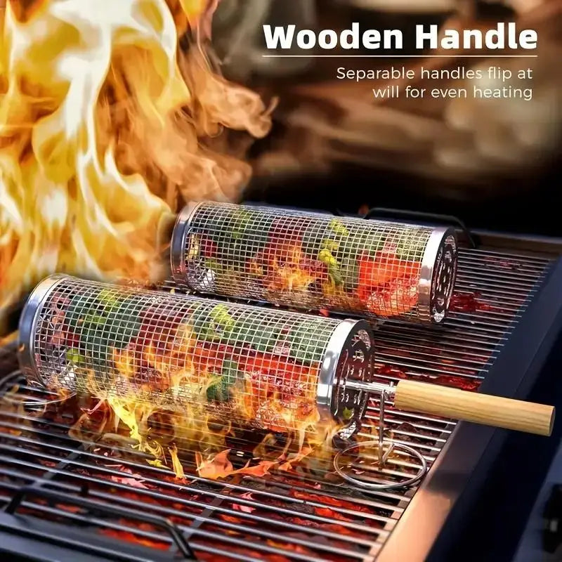 Round Barbecue Grill Basket Set, Stainless Steel Rolling BBQ Cage, Wire Mesh Cylinder Grilling Rack, Outdoor Camping Essential