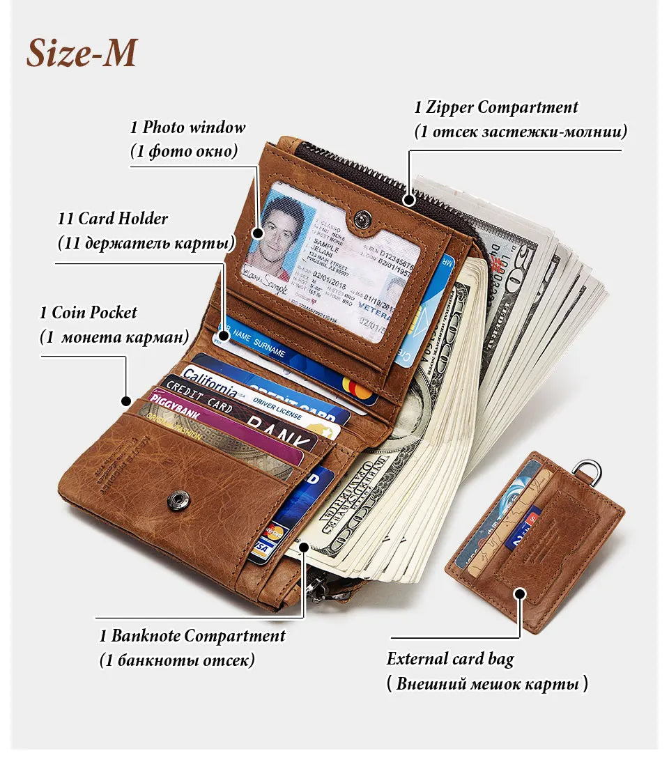 KAVIS Crazy Horse Leather Men Wallets Vintage Cowboy Travel Wallet Card Holder Fashion Coin Purse for Women with Extenal Cardbag