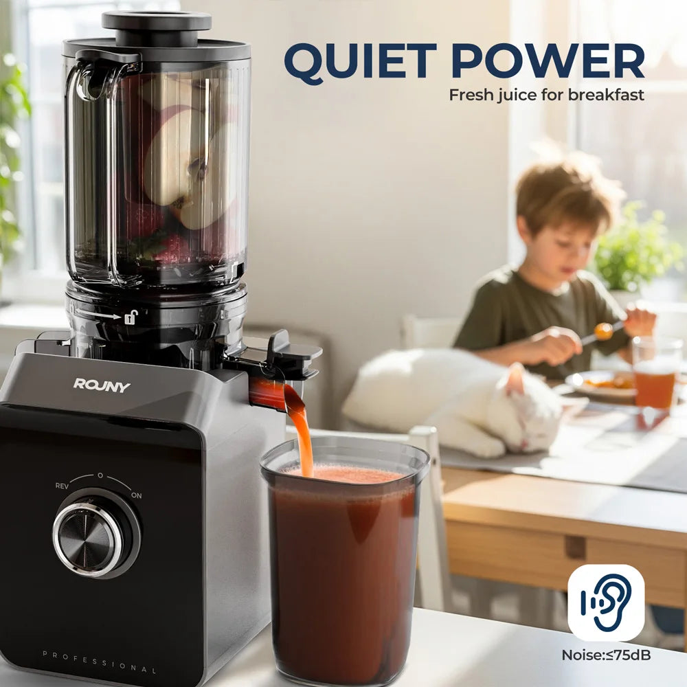 ROUNY Slow Juicer, Cold Press Extractor with Filter-Free, Easy Clean Electric Fruit Juicer Machine with Large Caliber,  Black