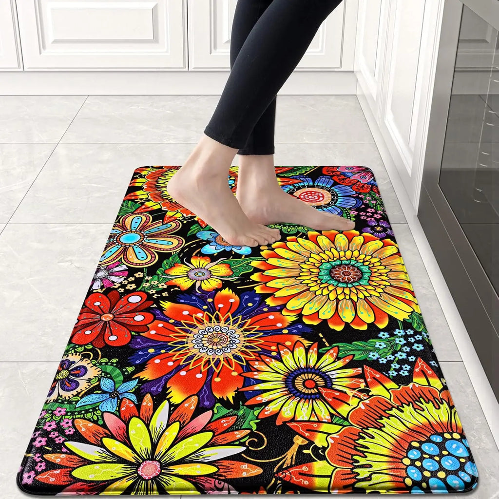 Boho Floral Kitchen Runner Rug, Non-Slip Washable Floor Mat with Colorful Flower Art Print for Kitchen, Bedroom, Bathroom Area