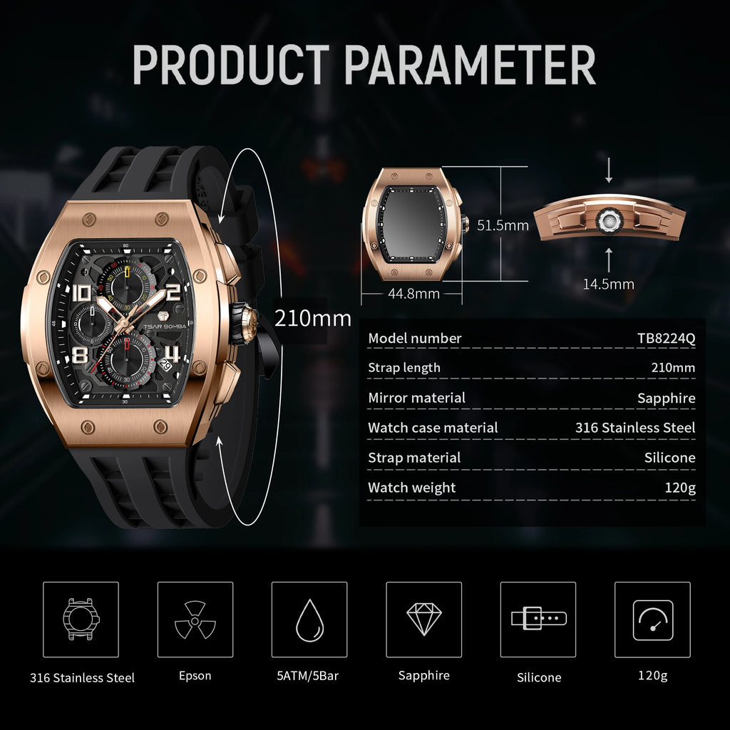 TSAR BOMBA Men's Luxury Quartz Watch, Sapphire Crystal, Chronograph, 5ATM Water Resistant, Rose Gold Business Fashion Wristwatch