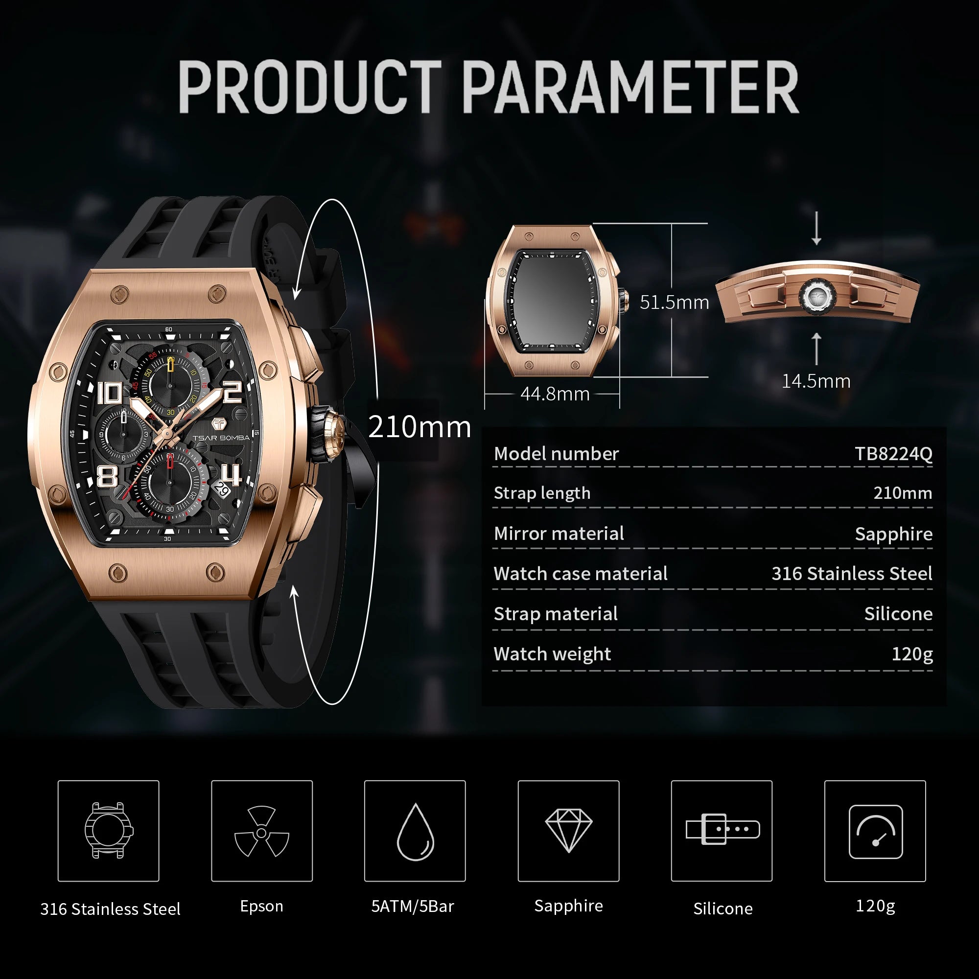 TSAR BOMBA Men's Luxury Quartz Watch, Sapphire Crystal, Chronograph, 5ATM Water Resistant, Rose Gold Business Fashion Wristwatch