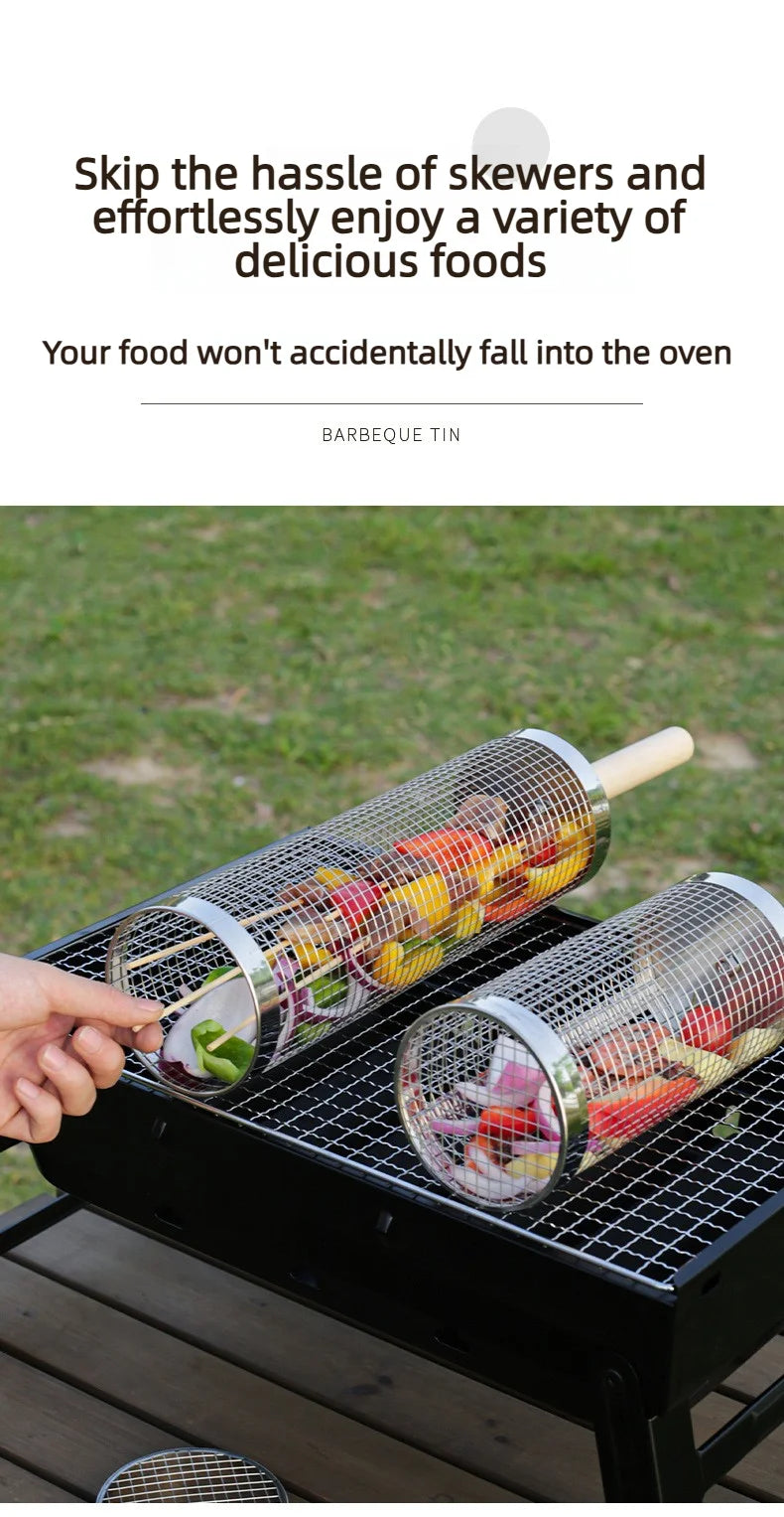 Wooden handle rolling barbecue cage, outdoor BBQ grill basket, 304 stainless steel barbecue tube, barbecue net,Free shipping