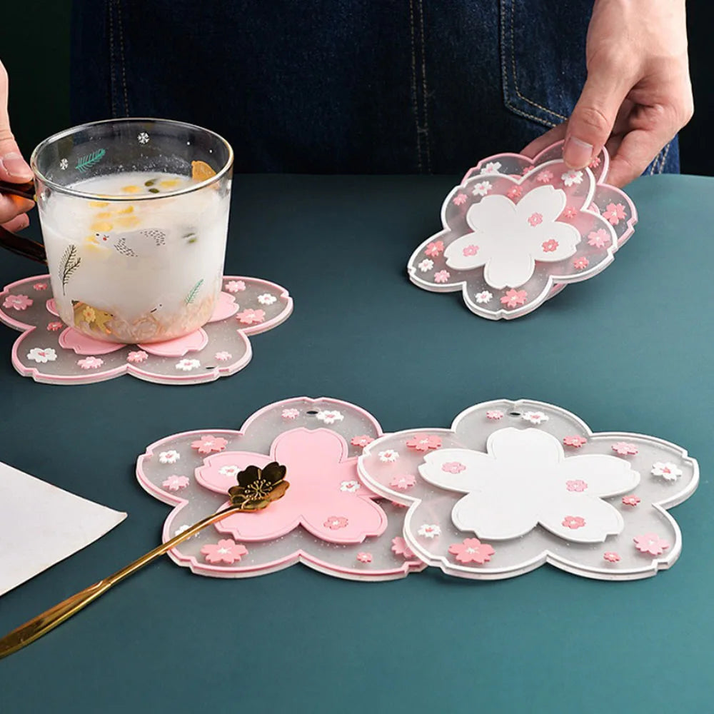 Cherry Blossom Silicone Cup Coaster Non-Slip Heat Insulation Mat for Coffee Tea Mug Cute Desktop Decorate Kitchen Table Placemat