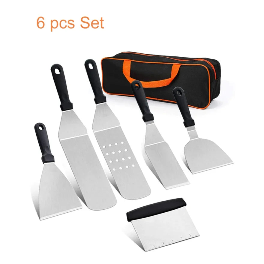 Onilini Griddle Accessories Kit BBQ Tools 6 Pieces Set Stainless Steel Spatulas with Carry Bag Scraper for Outdoor Barbecue