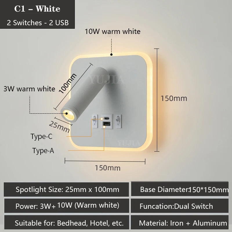 Contemporary Multifunctional LED Wall Sconce with Switch Modern Adjustable Reading Lamp USB Charging Ports for Bedrooms Offices