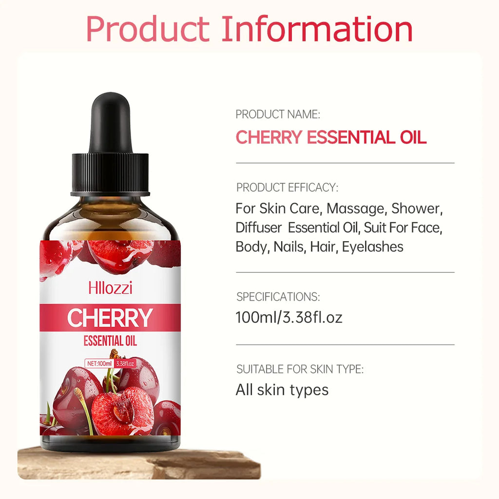 Cherry essential oil can be used in skincare, bath, facial, and diffusers and is suitable for all skin types.