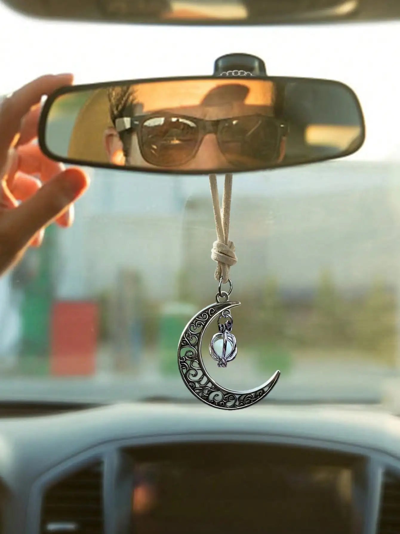 Luminous Moon Pendant Car Hanging Ornament – Hollow Crescent Design, Inlaid with Luminous Stone, Elegant Rearview Mirror Decor
