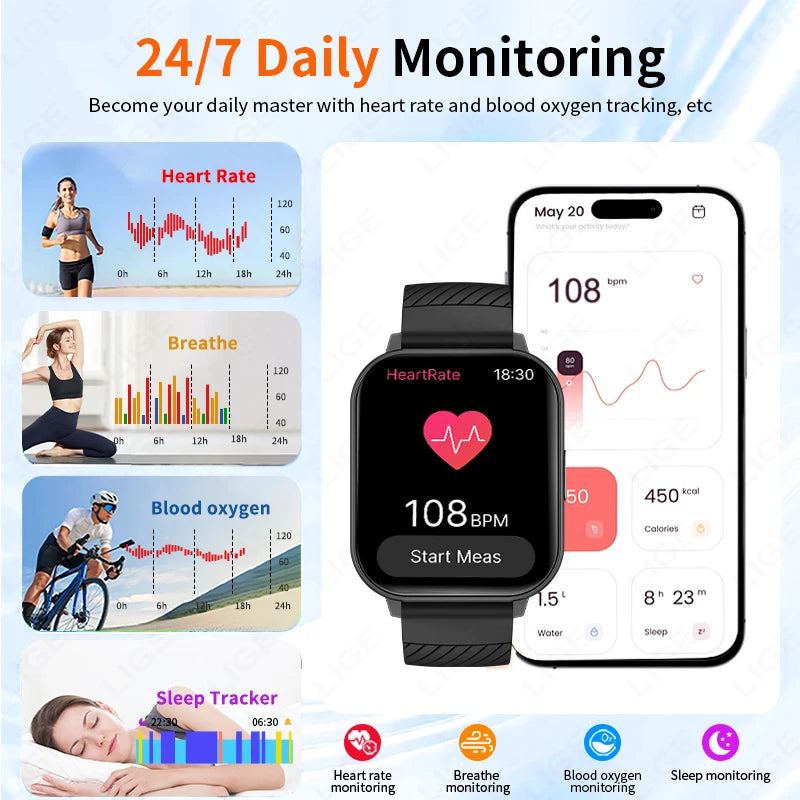LIGE 2025 Smart Watch Men Full Touch IP67 Waterproof Alarm Clock Heart Rate Health Monitor Lady Gift Sports Fitness Smartwatches
