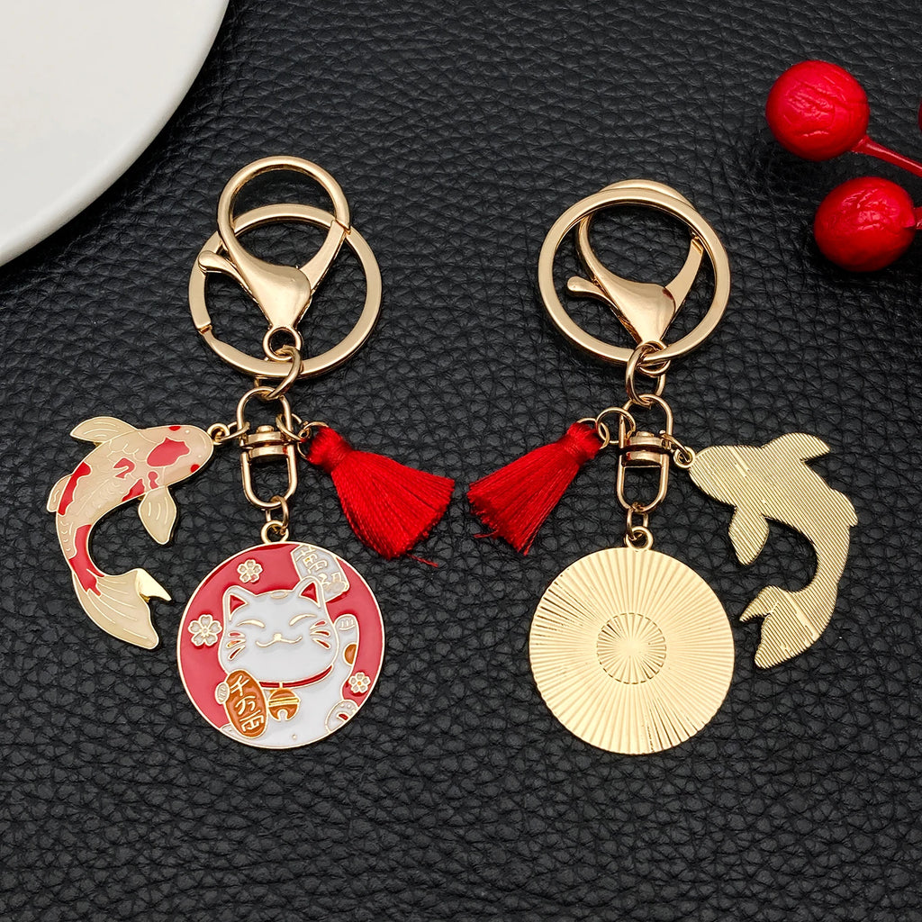 Japanese Maneki-neko (Lucky Cat) Keychain, Japanese Style Koi Fish Car Key Pendant, Creative Gift Alloy Lucky Bag Charm.