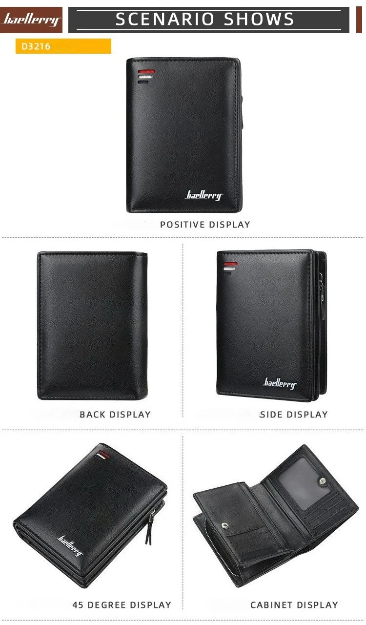 Baellerry Men PU Leather short Wallet With Zipper Coin Pocket Vintage Big Capacity Male Short Money Purse Card Holder