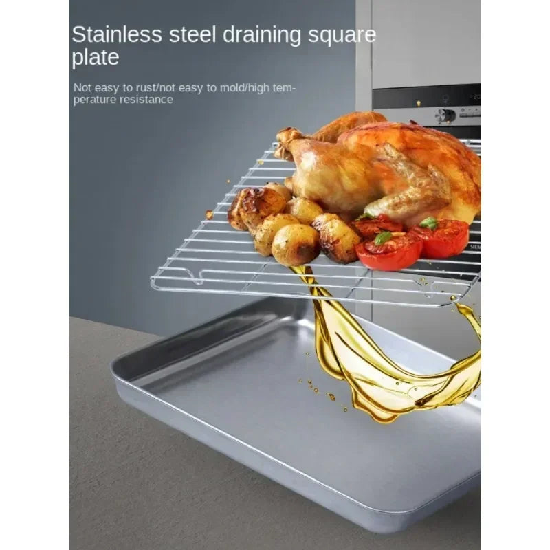 Flat Bottom 430 Stainless Steel Square Plate Oven Safe BBQ Grill Pan Drain Tray Oil Drip Rack Prep Plate for Roasting Grilling