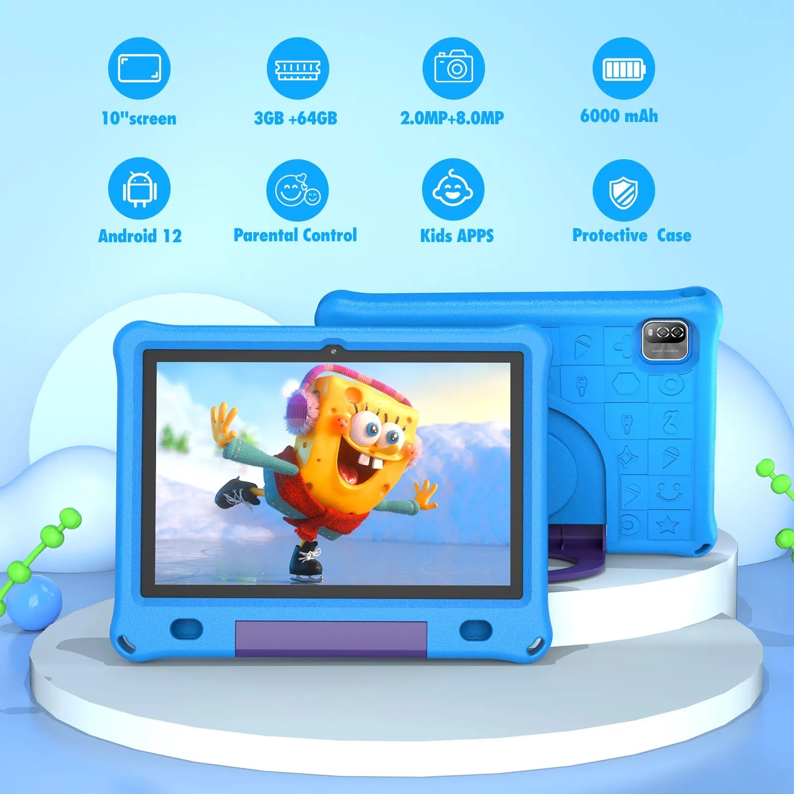 Pritom 10.1 Inch Kids Tablet Android 15 WIFI 6 Quad Core Processor 3GB RAM 64GB ROM YouTube with EVA Protective Case