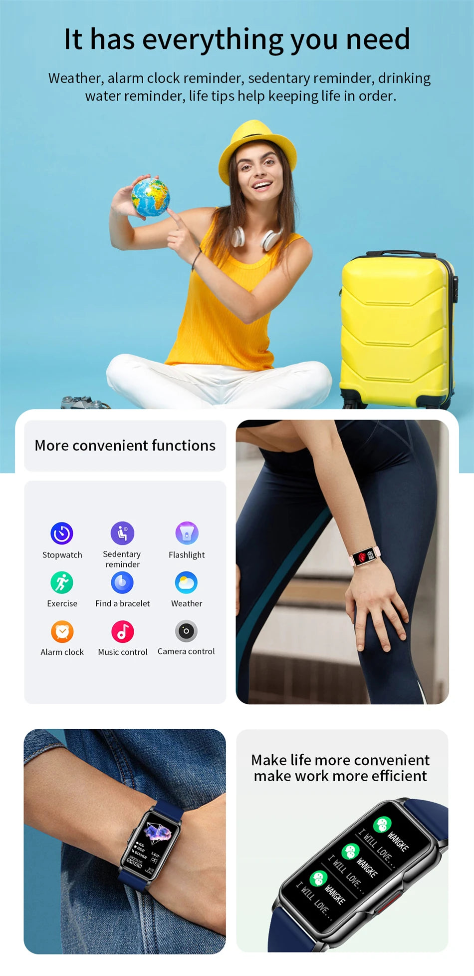 Smart Bracelet Women Smartwatch Men Heart Rate Blood Oxygen Waterproof Sport Fitness Smart Band Watch Call Reminder Ladies+Gift