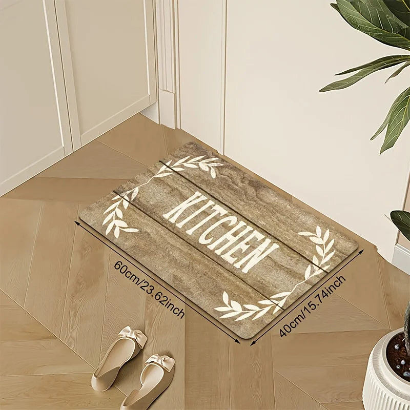 Rustic Wood Grain "KITCHEN" and Laurel Wreath Print Kitchen Mat, Non-Slip Washable Durable Runner Rug for Kitchen Decor