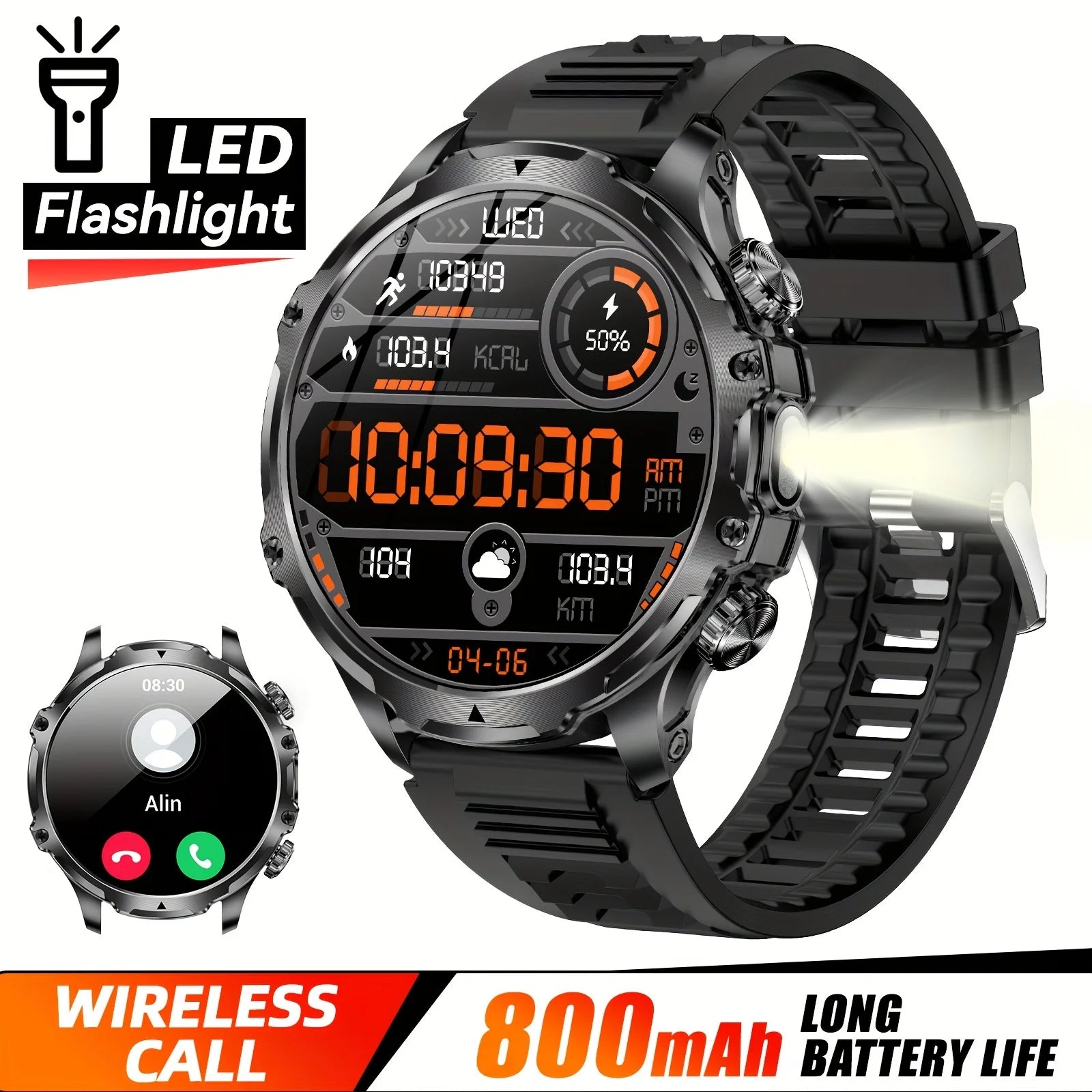 New 1000mah Long Standby AMOLED Smart Watch Men Sports Fitness LED Flashlight 3ATM Waterproof BT Call Smartwatch Men +GiFt