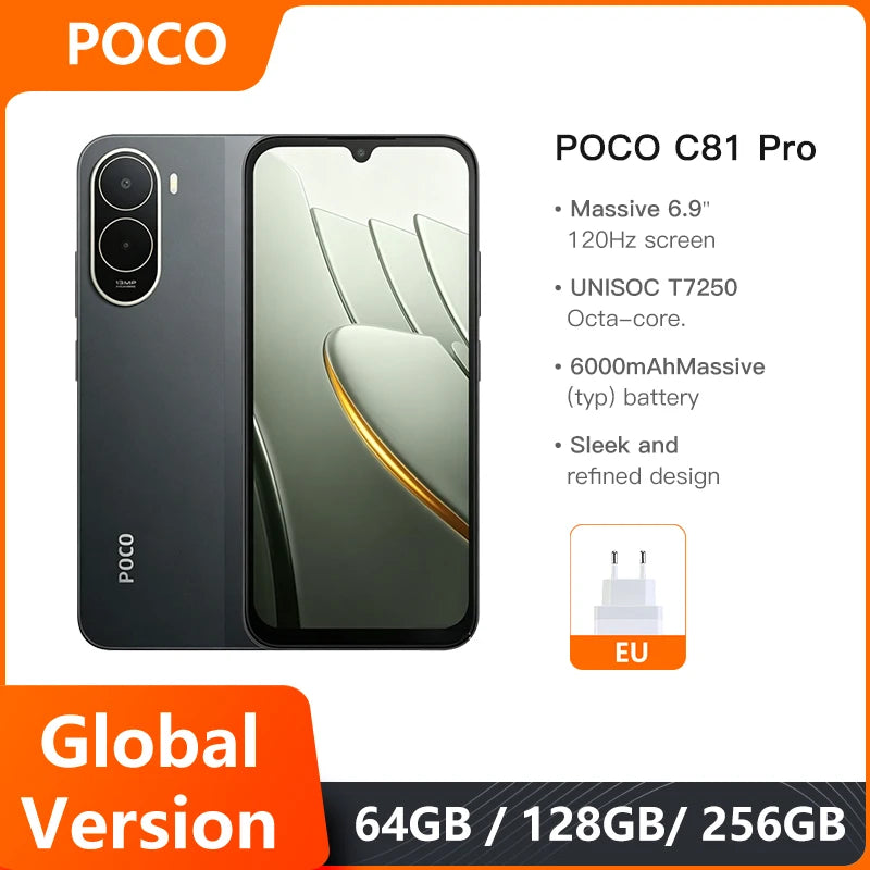 Smartphone POCO C81 Pro Global Version 6.9 inch 120Hz Display 6000mAh Battery UNISOC T7250 Octa core HyperOS 3 2026 Mobile Phone