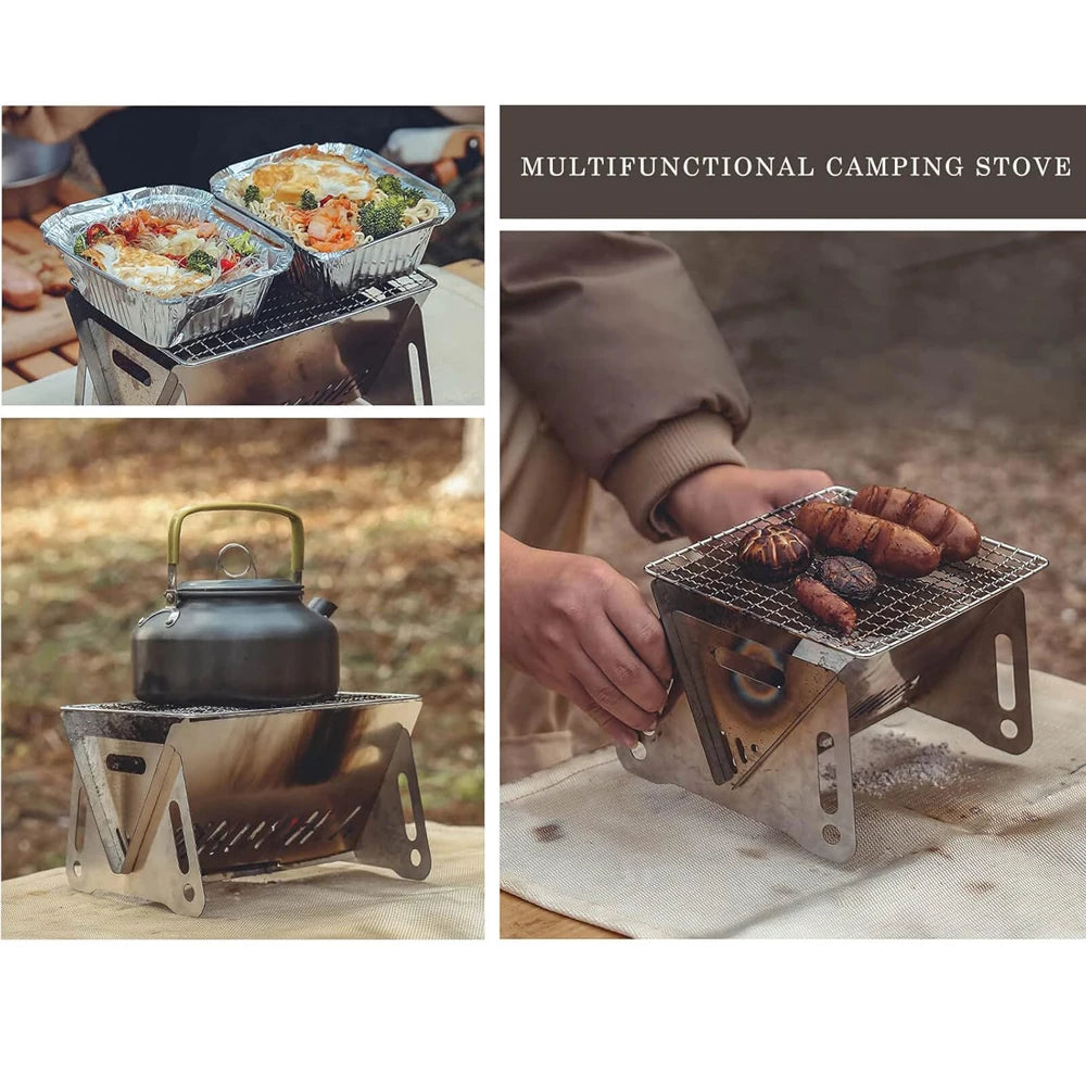 Backpacking Stove Folding Stainless Steel Charcoal Grill BBQ Wood Burning Camp Stove for Hiking Picnic Garden Backyard Cooking