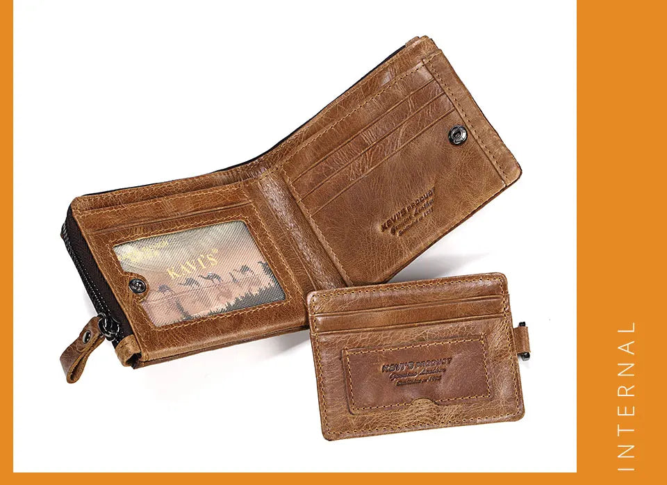 KAVIS Crazy Horse Leather Men Wallets Vintage Cowboy Travel Wallet Card Holder Fashion Coin Purse for Women with Extenal Cardbag