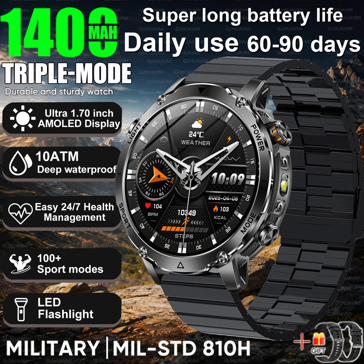 2026 Hot New 1400mAh Extra-Large Battery SmartWatch Men Military Outdoor SOS Flashlight  Waterproof Heart Rate Sports Smartwatch