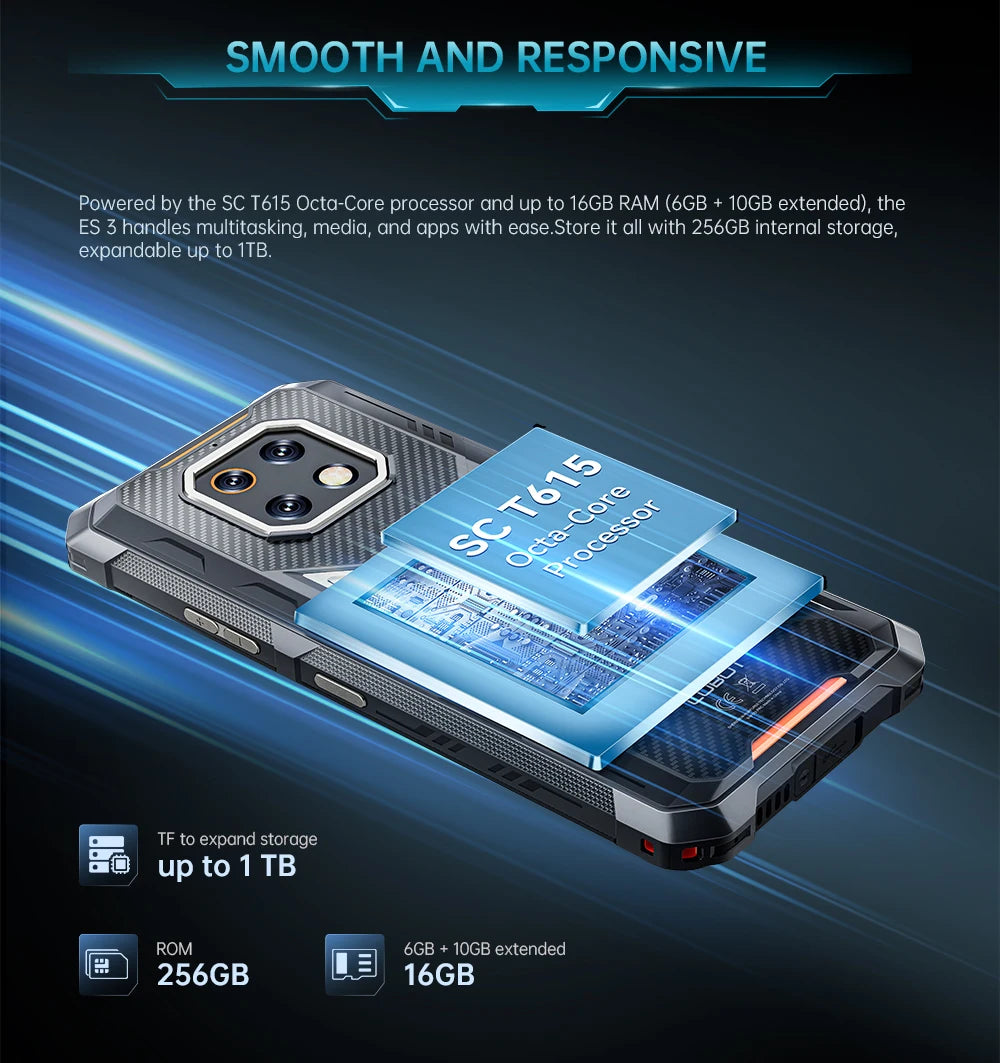Thin Rugged Smartphone Android 15 Cubot KingKong ES 3, 10200mAh Battery, 16GB RAM(6+10), 256GB ROM, 6.745-Inch 120Hz Screen, NFC