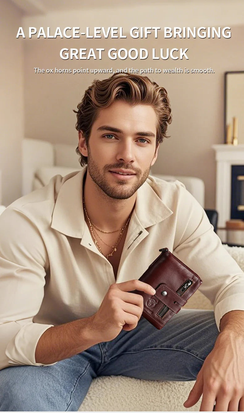 Bullcaptain Genuine Leather Men's Wallet Fashion Quality Travel Purse Rfid Protect Credit Card Holder Wollst for Men with Chain