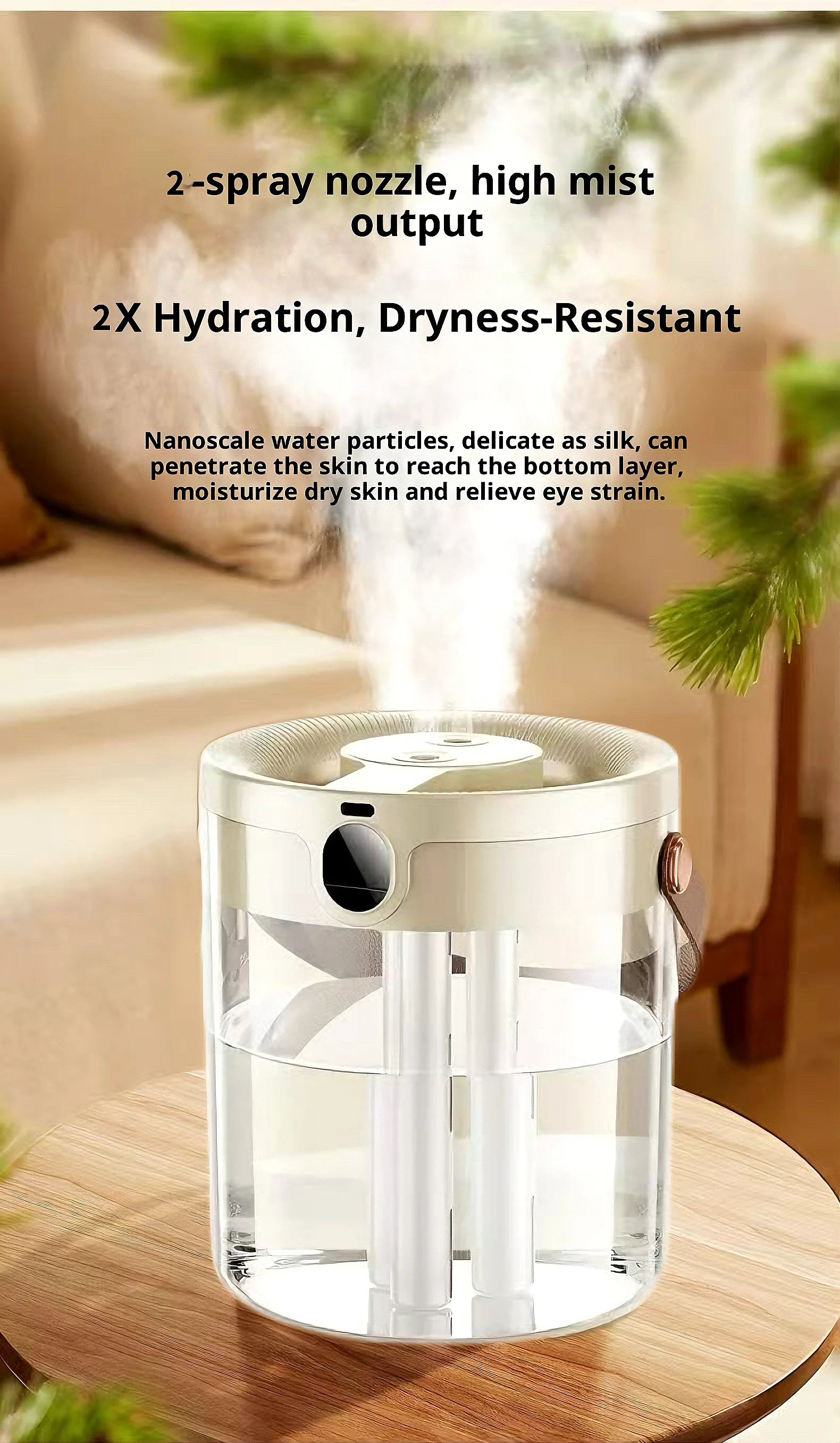 Portable Ultrasonic Humidifier 3 Spray Nozzles Digital Screen Night Light Large Water Tank Silent Aroma Diffuser for Home Use