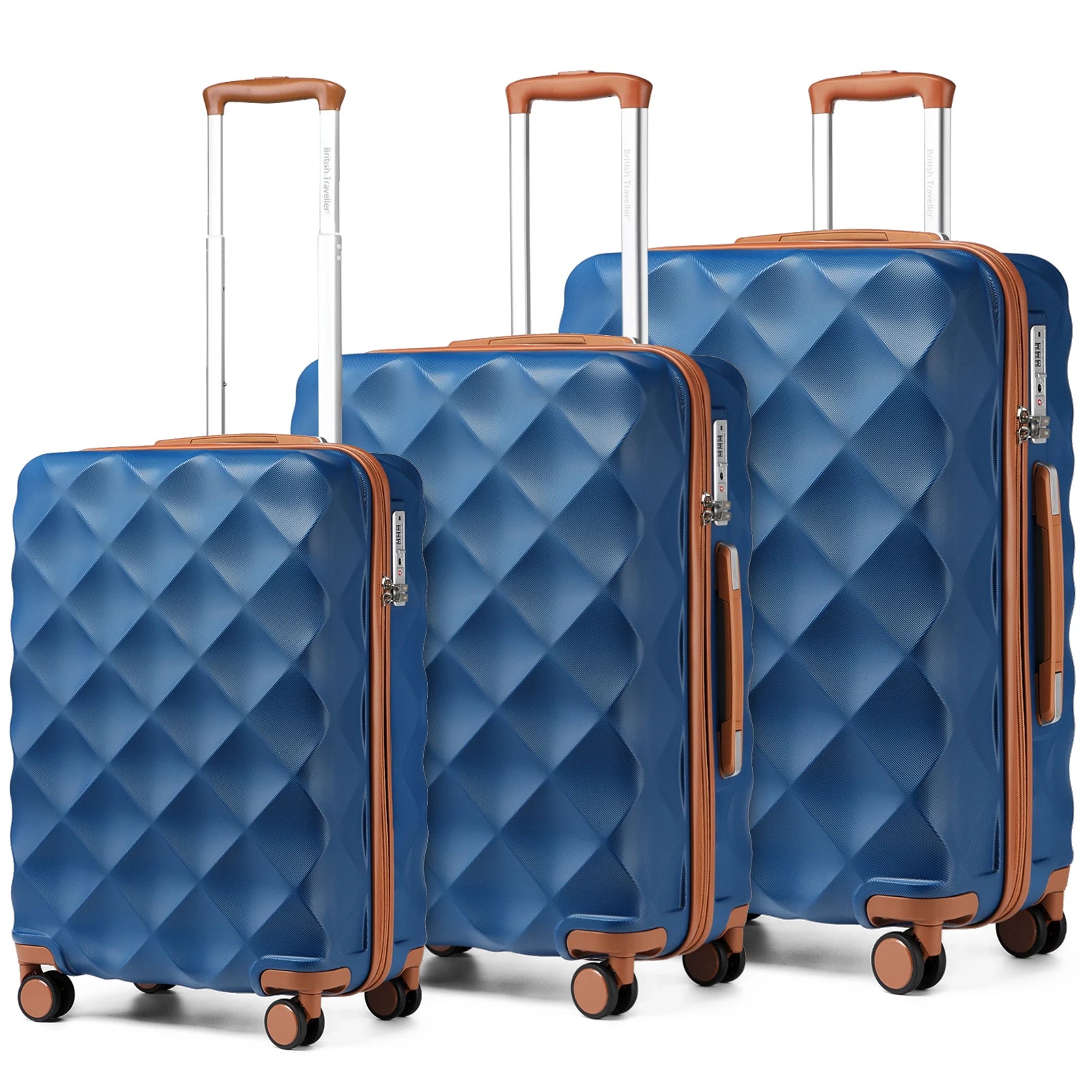 British Traveller 20+24+28 Inch 3-Piece ABS+PC Hard Shell Luggage Set, TSA Lock Travel Suitcase with Silent 360° Spinner Wheels & Adjustable Aluminum Handle