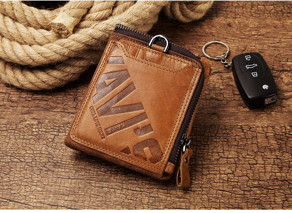 KAVIS Crazy Horse Leather Men Wallets Vintage Cowboy Travel Wallet Card Holder Fashion Coin Purse for Women with Extenal Cardbag