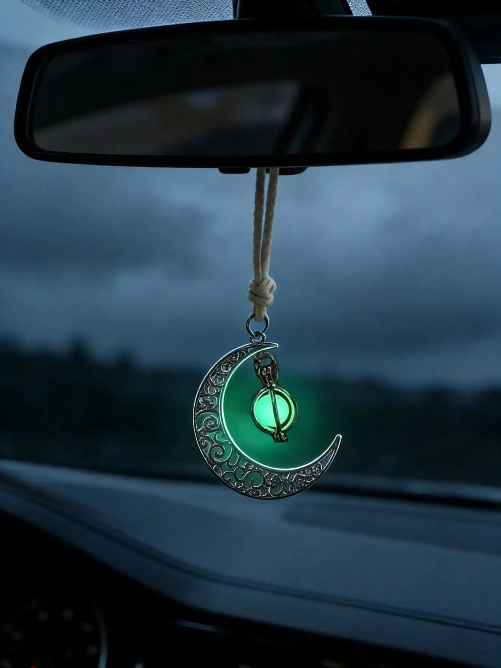 Luminous Moon Pendant Car Hanging Ornament – Hollow Crescent Design, Inlaid with Luminous Stone, Elegant Rearview Mirror Decor