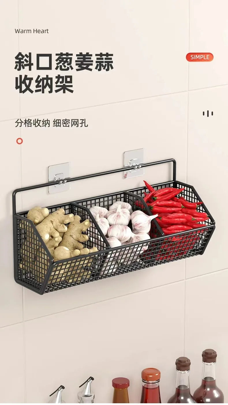 AOBT Wall-Mounted Green Onion Ginger Garlic Storage Rack Punch-Free Kitchen Multi-Functional Basket Organizer for Spices Herbs