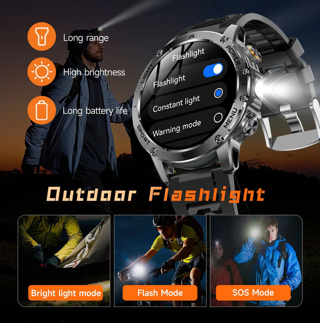 2026 New Military Smart Watch 1000Mah Battery Fitness Tracking 10ATM Waterproof Tactics Sport Flashlight call Bracelet For Men