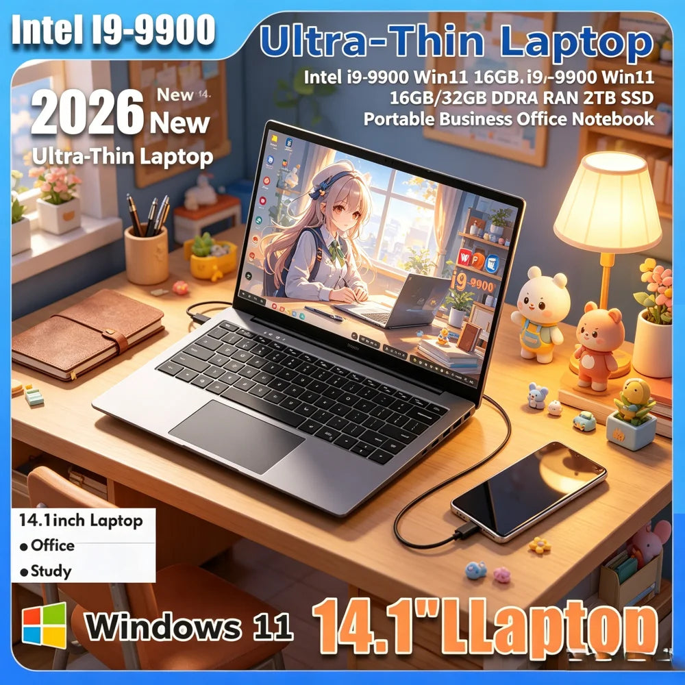 2026 New 14.1 Inch Ultra Slim Laptop Intel i9-9900 Win11 16GB/32GB DDR4 RAM 2TB SSD Portable Business Office Notebook