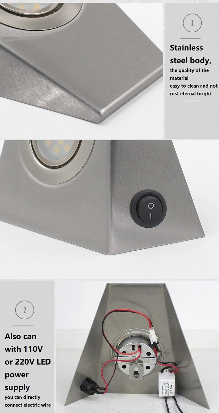 Geometric Stainless Steel Cabinet Light with Switch for Kitchen Wardrobe Bookshelf Lighting Creative Triangle Indoor Wall Lamp
