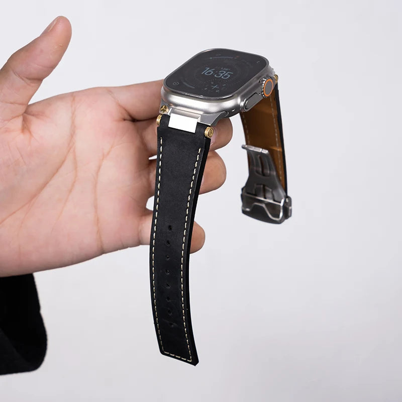 Luxury Leather Stainless Steel Band for Apple Watch 49mm 46mm 45mm 44mm Business Strap for iWatch Series 10 9 8 7 SE Ultra 2