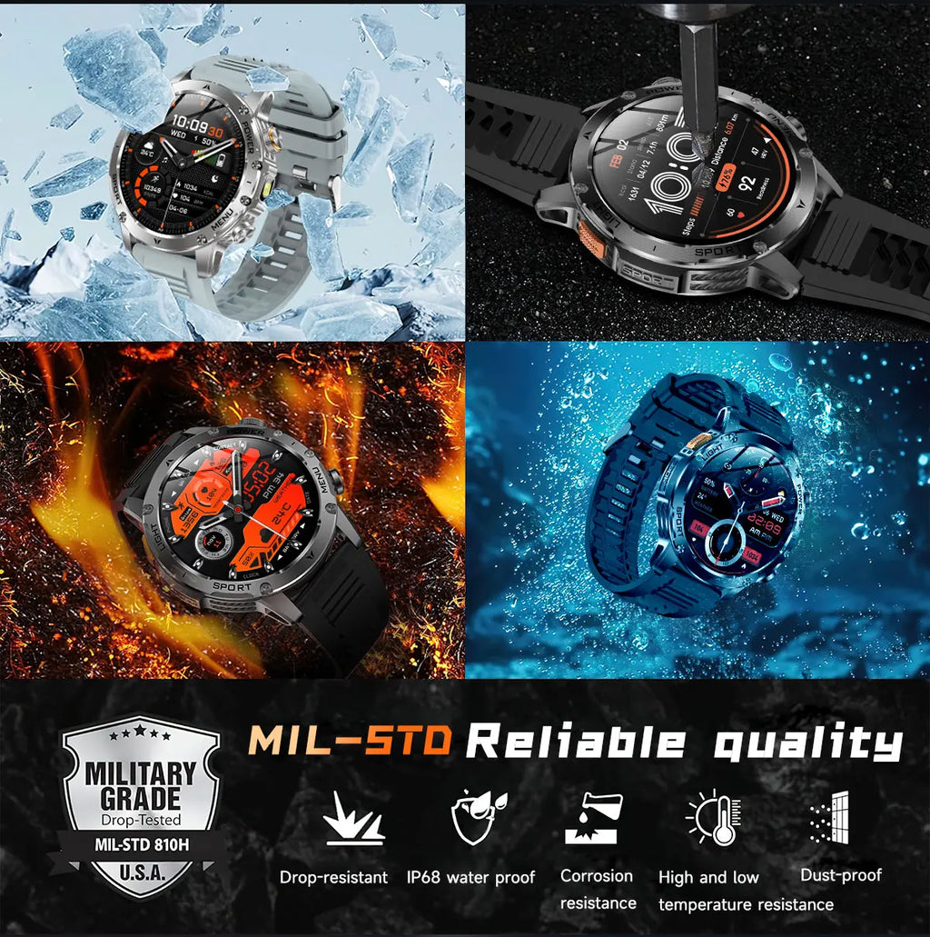 2026 New Military Smart Watch 1000Mah Battery Fitness Tracking 10ATM Waterproof Tactics Sport Flashlight call Bracelet For Men