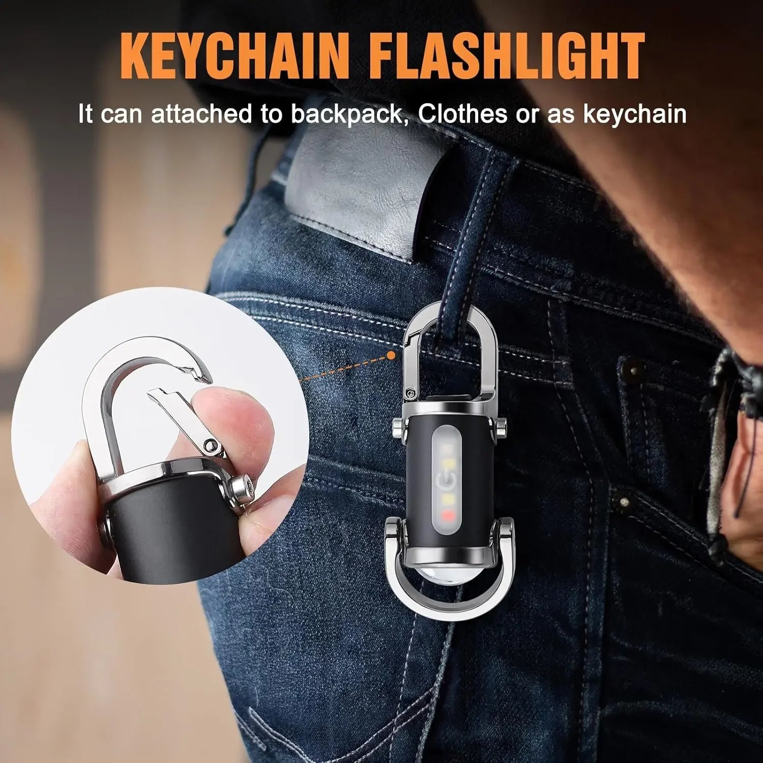 Mini Keychain Flashlight Rechargeable Pocket COB Working Light Outdoor Hook Emergency Warning Light for Camping Walking Hiking