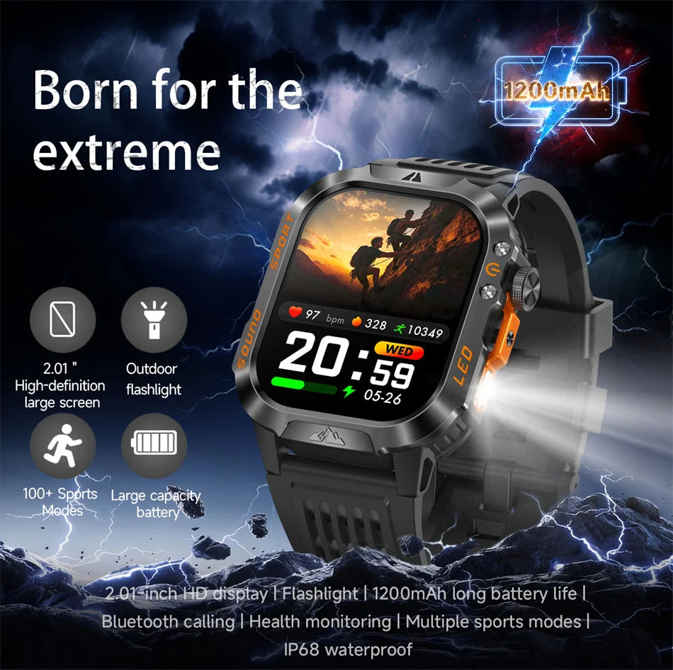 2026 New Outdoor Military Smart Watch 1200mAh Battery GPS HD Call Health Monitoring 2.01-inch Waterproof Sports Smartwatch Men