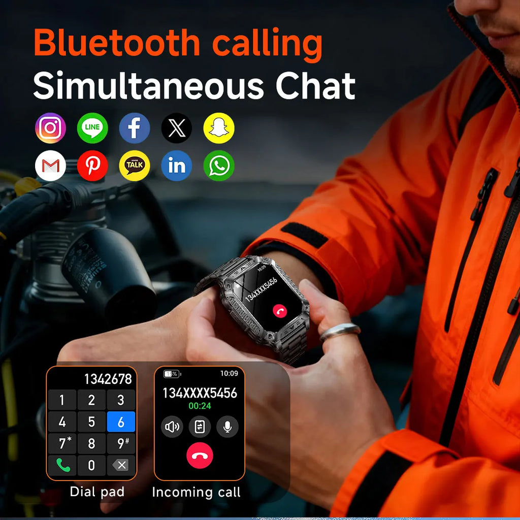 2026 Outdoors Durable Men Sports Smart Watch 1400mAh Battery LED Flashlight IP69K Waterproof Bluetooth Call Military Smartwatchs