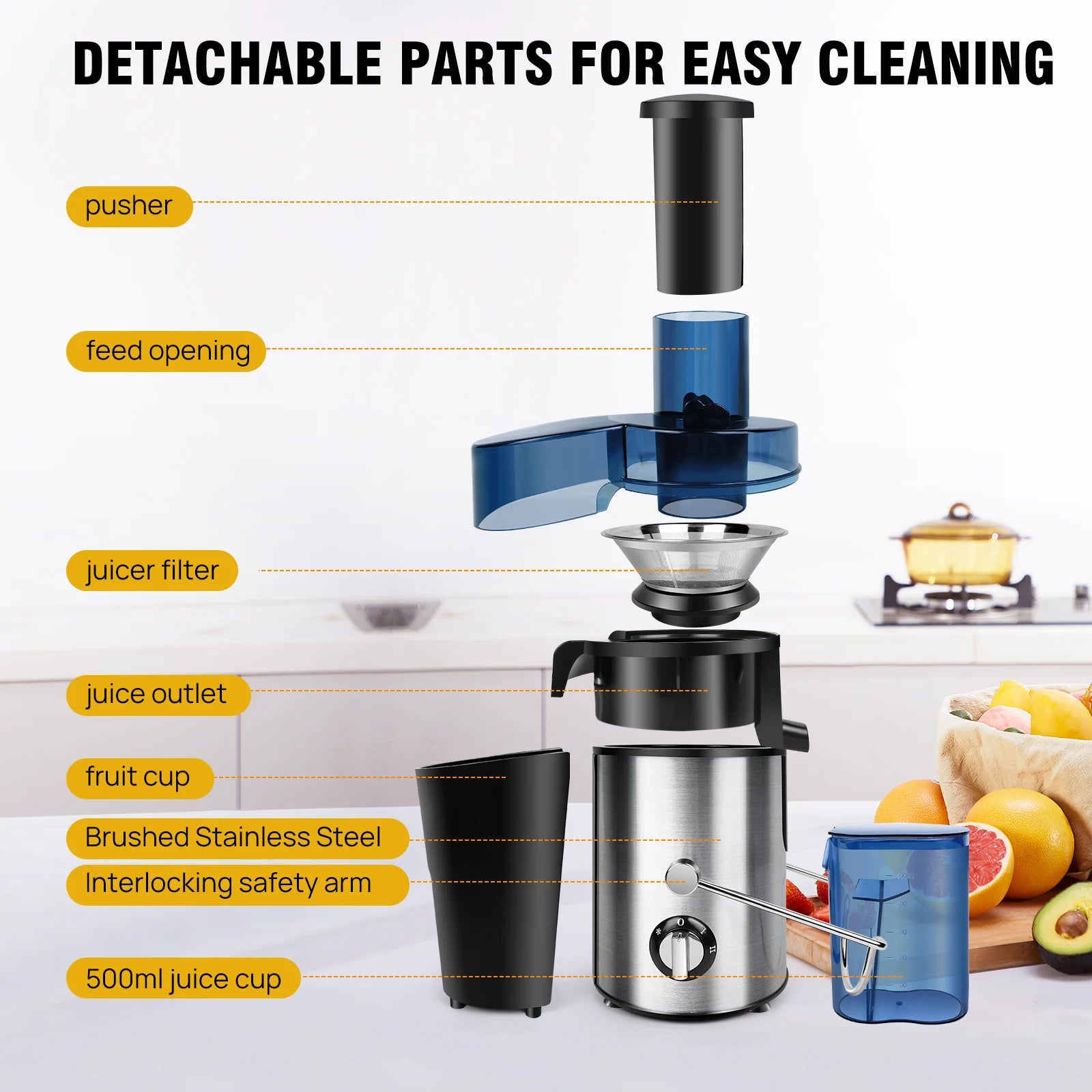 Stainless Steel Juicer Machine Fruit Vegetable Extractor 2 Speed Control Electric Juice Maker with 65mm Wide Feed Chute Easy Cleaning Detachable Parts for Home Kitchen Fresh Juice Orange Apple Carrot Celery