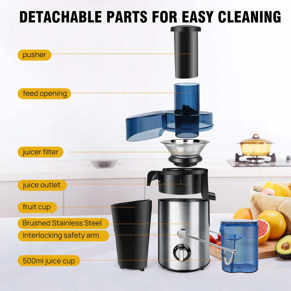 Stainless Steel Juicer Machine Fruit Vegetable Extractor 2 Speed Control Electric Juice Maker with 65mm Wide Feed Chute Easy Cleaning Detachable Parts for Home Kitchen Fresh Juice Orange Apple Carrot Celery