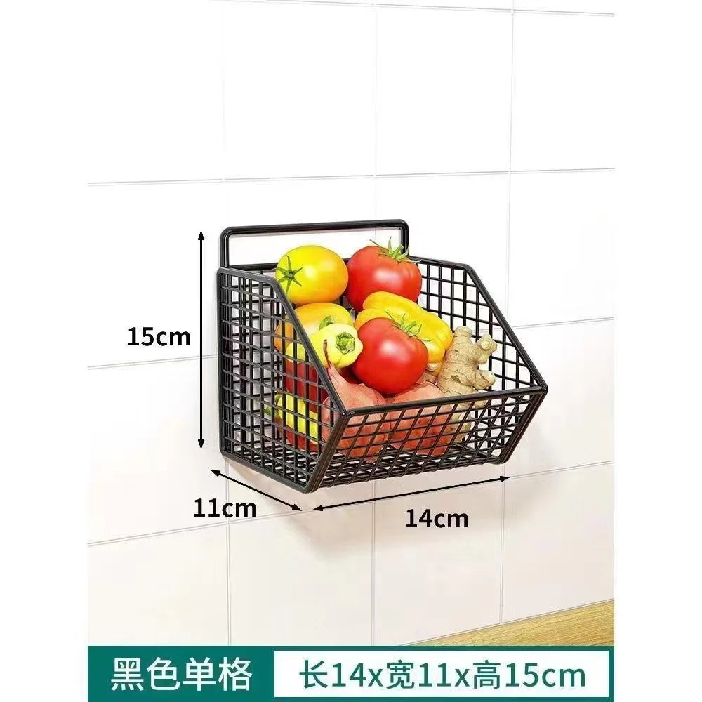 AOBT Wall-Mounted Green Onion Ginger Garlic Storage Rack Punch-Free Kitchen Multi-Functional Basket Organizer for Spices Herbs